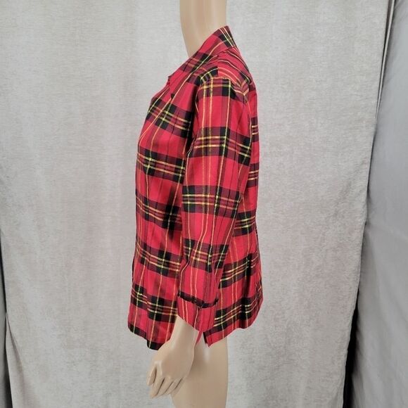 ROBBIE Bee Women's Vintage Silk Tartan Button Down Blouse Red Plaid Christmas - Picture 4 of 11